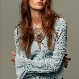 ZARA Light Blue Button-Up GATHERED KNIT CARDIGAN